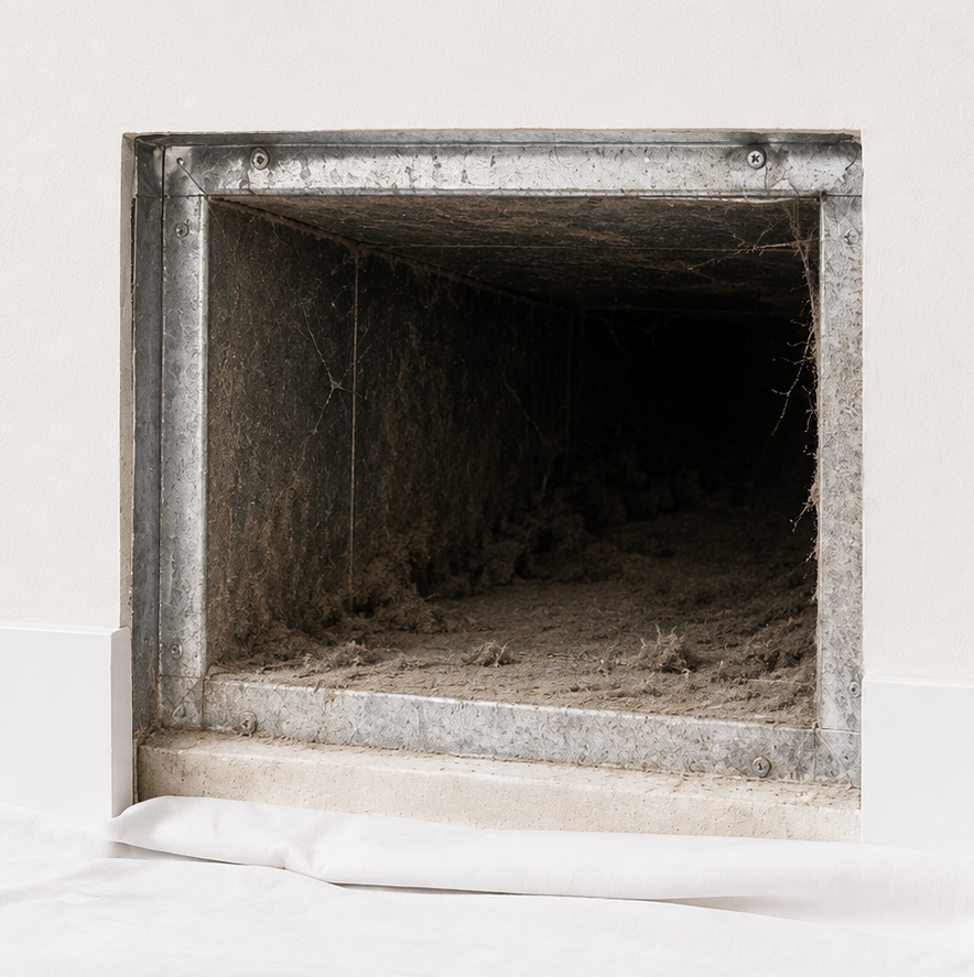 Air duct before cleaning, full of dust and debris